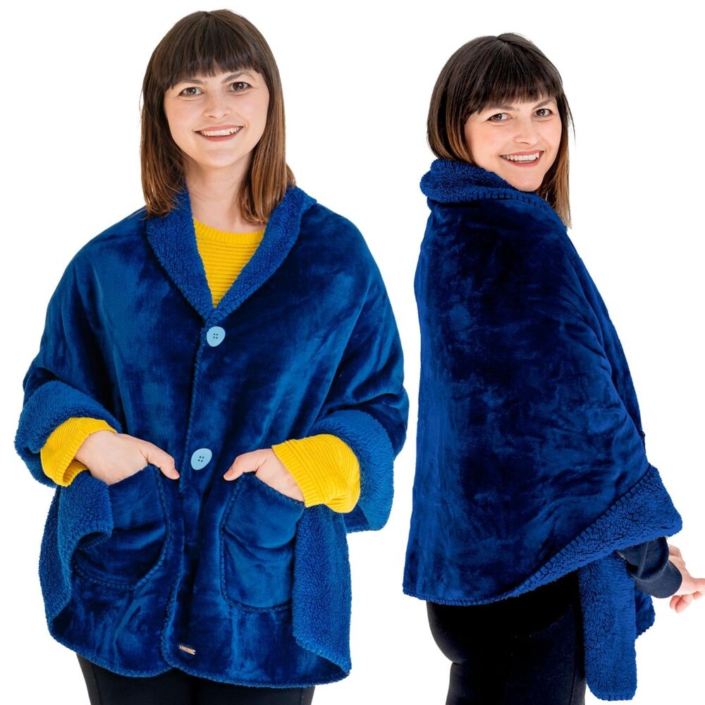 Premium Double Layer Poncho Blanket for Women -Christmas gifts for Her (Blue)